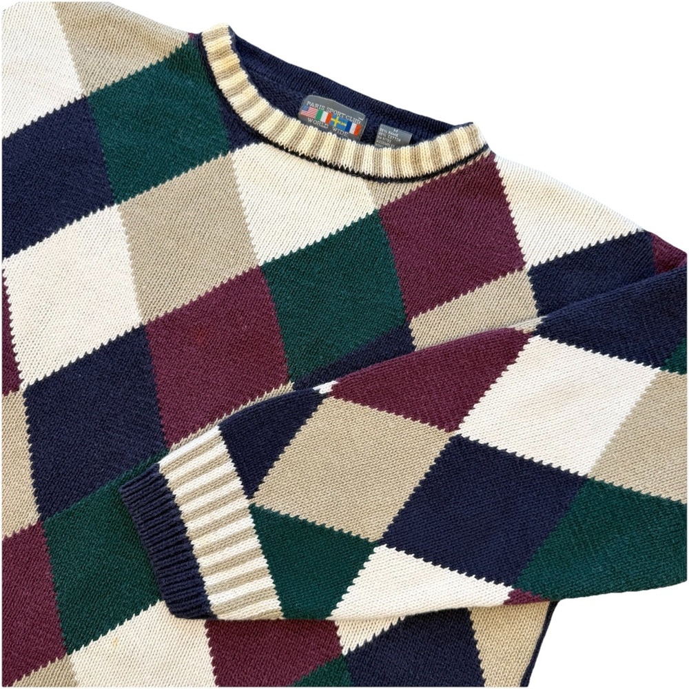 Paris Sport Club World Wide Vintage Argyle Striped Trim Pullover Sweater Men's M